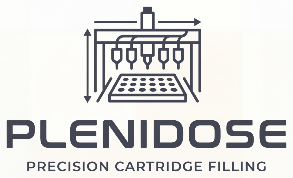 The PleniDose Gantry emblem: a multi-cannula filling head traversing over a cartridge tray on X and Y motion axes — the shared Panacea Bio Chem cartridge-filling gantry, designed by Bogdan Dicoias